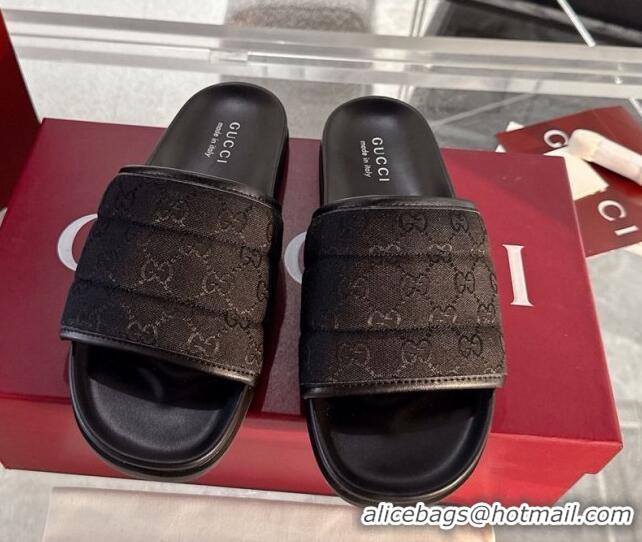 Luxurious Gucci GG Padded Canvas Flat Slides Sandal with Wide Strap Black 2025 838089