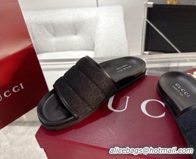 Luxurious Gucci GG Padded Canvas Flat Slides Sandal with Wide Strap Black 2025 838089