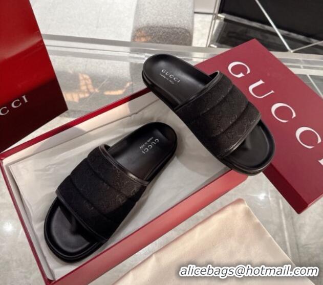 Luxurious Gucci GG Padded Canvas Flat Slides Sandal with Wide Strap Black 2025 838089