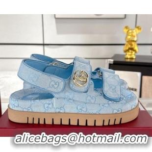 Fashion Gucci GG Canvas Strap Sandals with Double G Light Blue 2025 816630