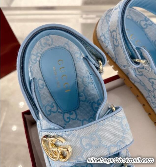 Fashion Gucci GG Canvas Strap Sandals with Double G Light Blue 2025 816630