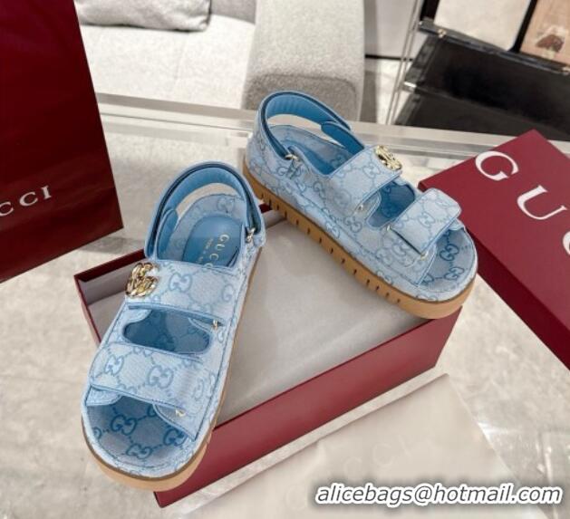 Fashion Gucci GG Canvas Strap Sandals with Double G Light Blue 2025 816630