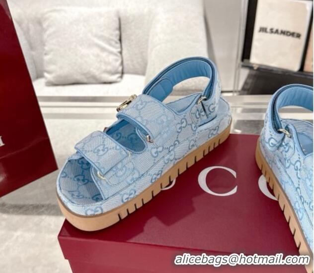 Fashion Gucci GG Canvas Strap Sandals with Double G Light Blue 2025 816630