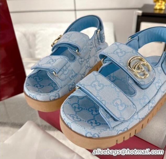 Fashion Gucci GG Canvas Strap Sandals with Double G Light Blue 2025 816630