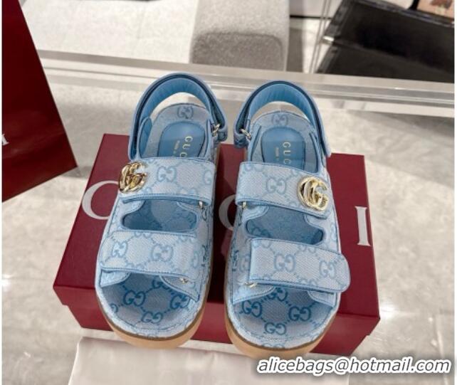 Fashion Gucci GG Canvas Strap Sandals with Double G Light Blue 2025 816630