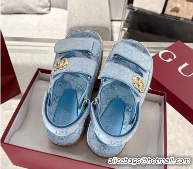 Fashion Gucci GG Canvas Strap Sandals with Double G Light Blue 2025 816630