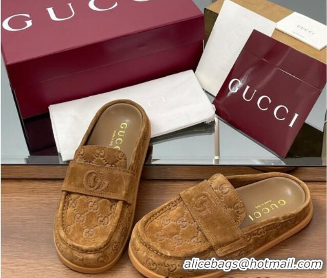 Good Quality Gucci GG Suede Flat Mules with Double G Light Brown 2025 817468