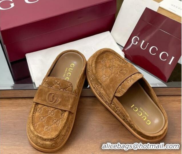 Good Quality Gucci GG Suede Flat Mules with Double G Light Brown 2025 817468