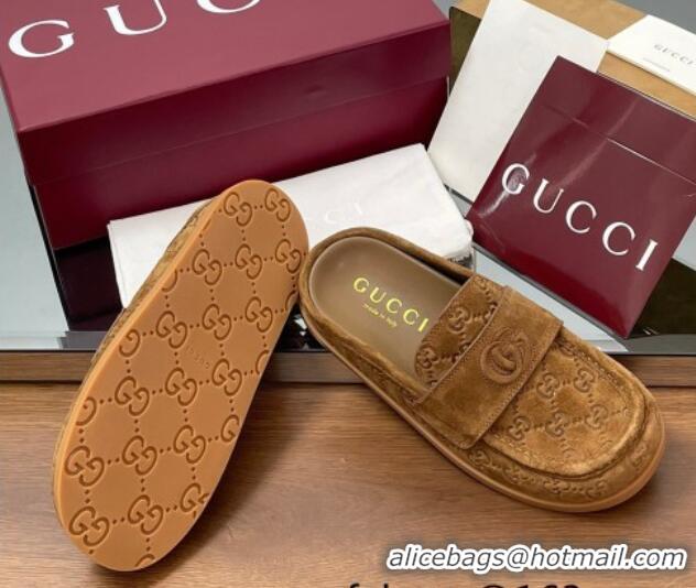 Good Quality Gucci GG Suede Flat Mules with Double G Light Brown 2025 817468