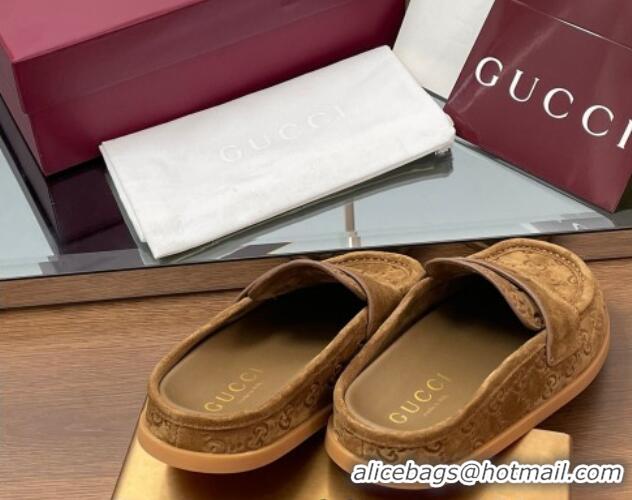 Good Quality Gucci GG Suede Flat Mules with Double G Light Brown 2025 817468