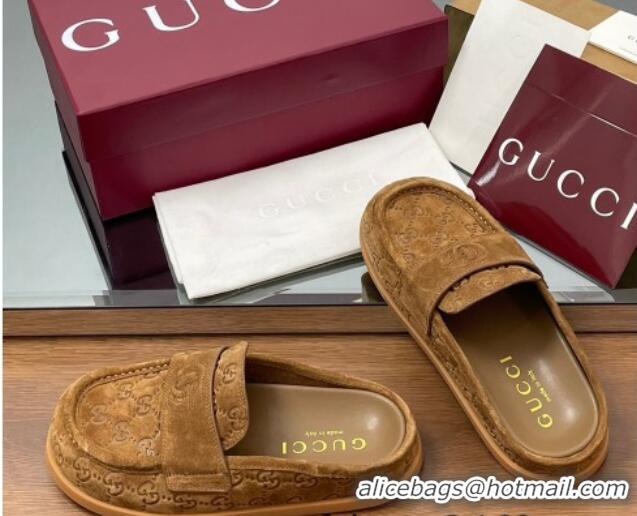 Good Quality Gucci GG Suede Flat Mules with Double G Light Brown 2025 817468