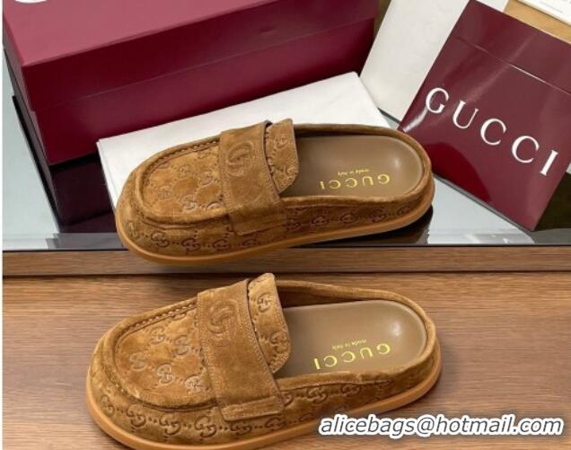 Good Quality Gucci GG Suede Flat Mules with Double G Light Brown 2025 817468