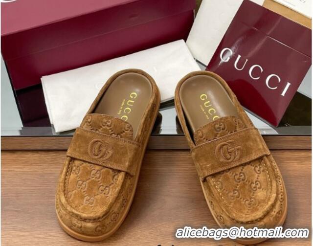 Good Quality Gucci GG Suede Flat Mules with Double G Light Brown 2025 817468