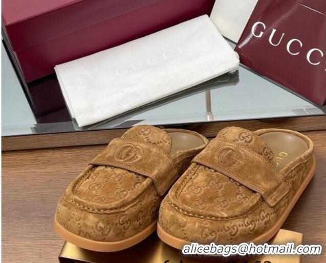 Good Quality Gucci GG Suede Flat Mules with Double G Light Brown 2025 817468