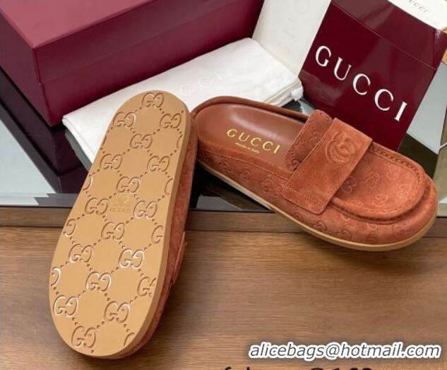 Pretty Style Gucci GG Suede Flat Mules with Double G Brown 817468