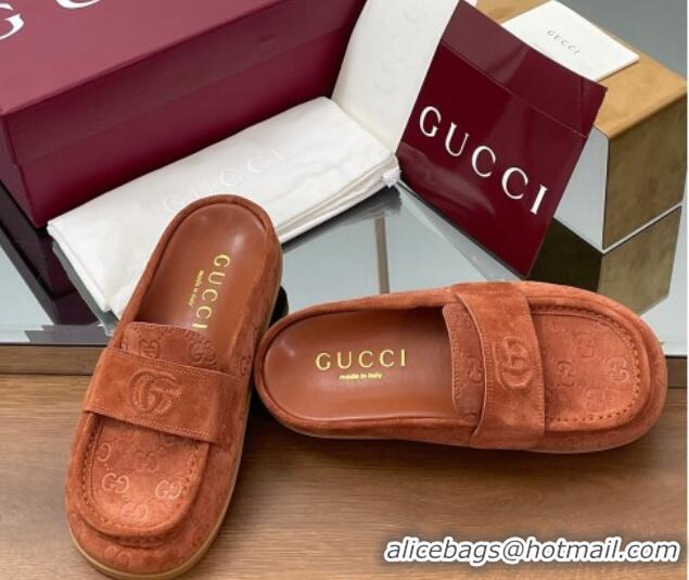 Pretty Style Gucci GG Suede Flat Mules with Double G Brown 817468