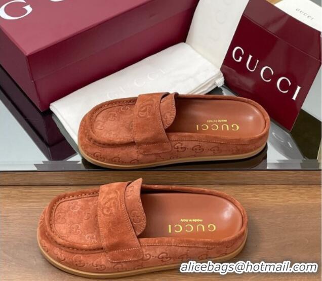 Pretty Style Gucci GG Suede Flat Mules with Double G Brown 817468