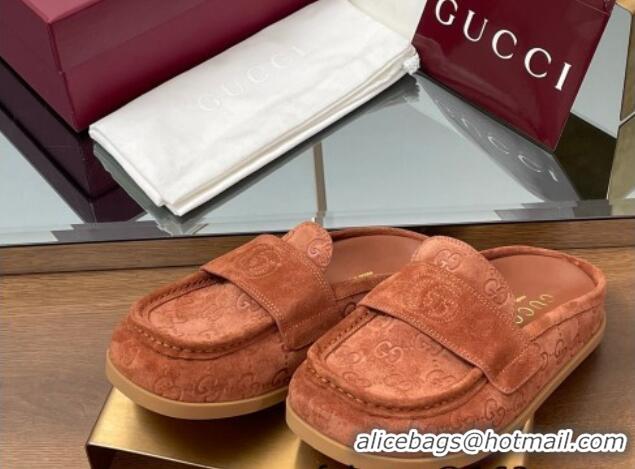 Pretty Style Gucci GG Suede Flat Mules with Double G Brown 817468