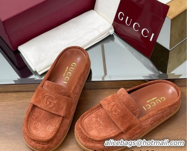 Pretty Style Gucci GG Suede Flat Mules with Double G Brown 817468