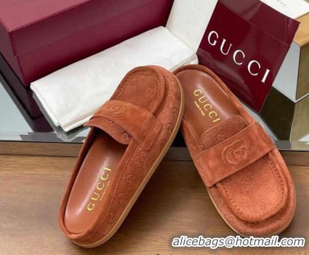 Pretty Style Gucci GG Suede Flat Mules with Double G Brown 817468