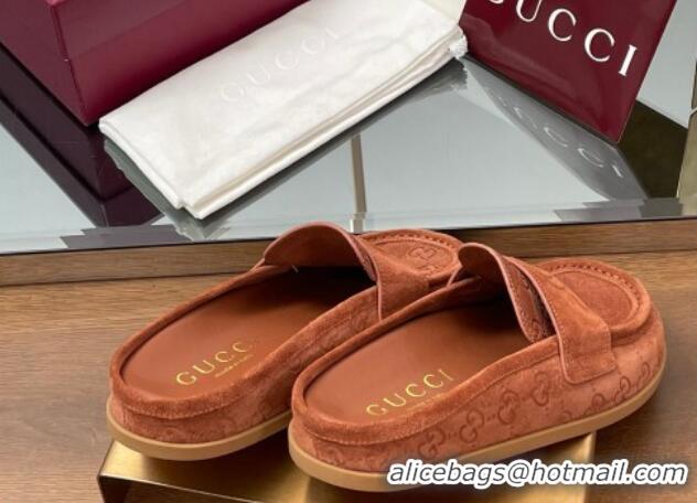 Pretty Style Gucci GG Suede Flat Mules with Double G Brown 817468