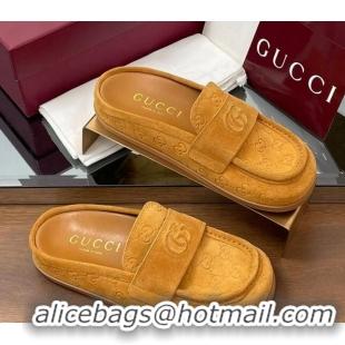Top Grade Gucci GG Suede Flat Mules with Double G Yellow 817468
