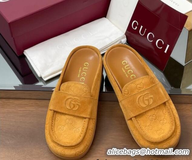 Top Grade Gucci GG Suede Flat Mules with Double G Yellow 817468