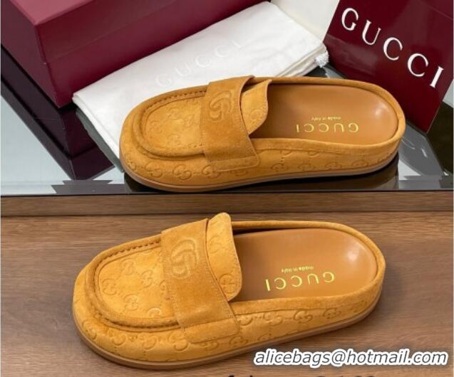 Top Grade Gucci GG Suede Flat Mules with Double G Yellow 817468