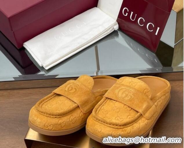 Top Grade Gucci GG Suede Flat Mules with Double G Yellow 817468