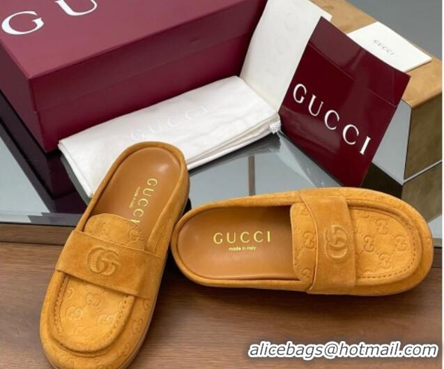 Top Grade Gucci GG Suede Flat Mules with Double G Yellow 817468