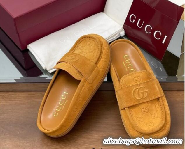 Top Grade Gucci GG Suede Flat Mules with Double G Yellow 817468