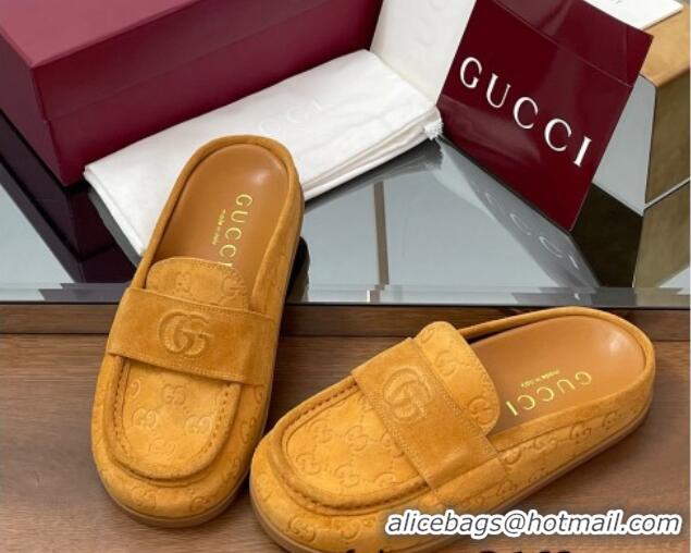 Top Grade Gucci GG Suede Flat Mules with Double G Yellow 817468