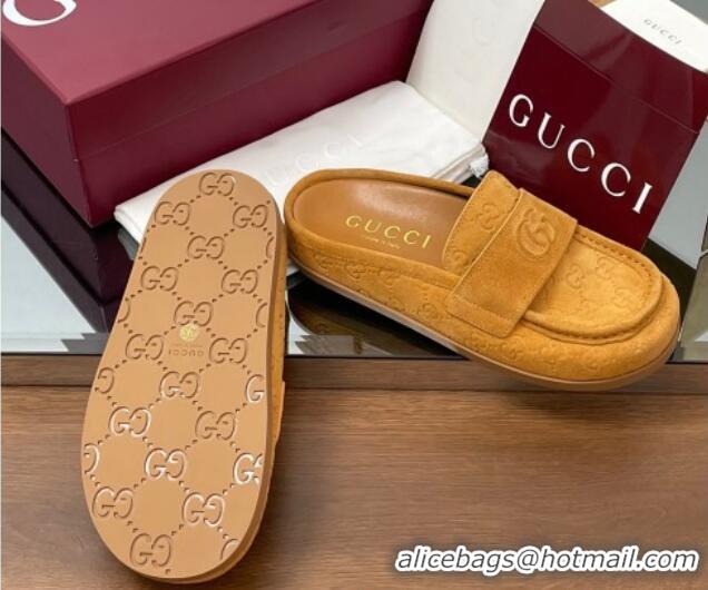 Top Grade Gucci GG Suede Flat Mules with Double G Yellow 817468