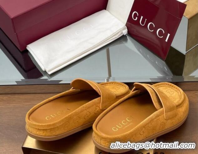 Top Grade Gucci GG Suede Flat Mules with Double G Yellow 817468