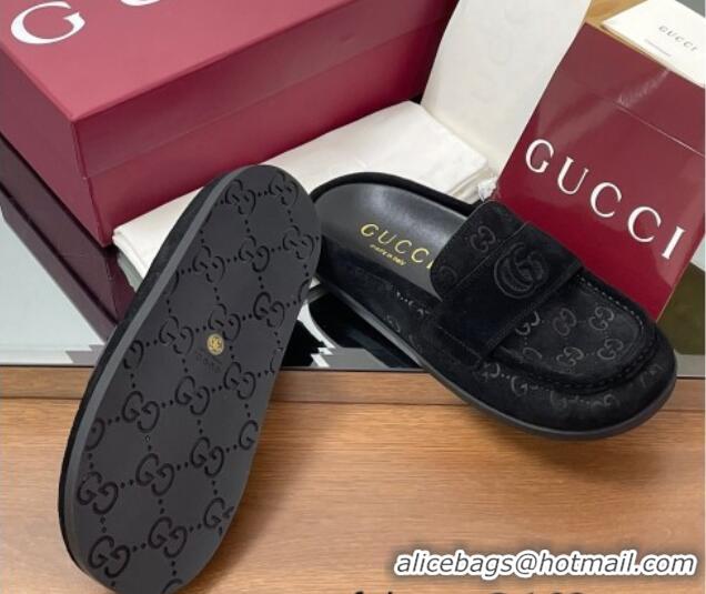 Durable Gucci GG Suede Flat Mules with Double G Black 817468