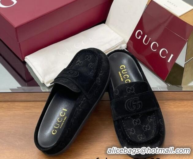 Durable Gucci GG Suede Flat Mules with Double G Black 817468