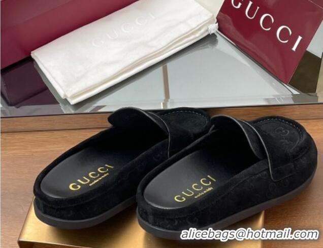 Durable Gucci GG Suede Flat Mules with Double G Black 817468