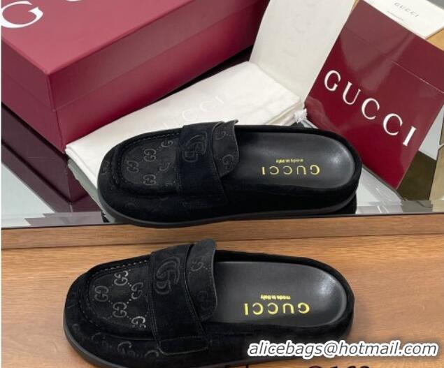 Durable Gucci GG Suede Flat Mules with Double G Black 817468