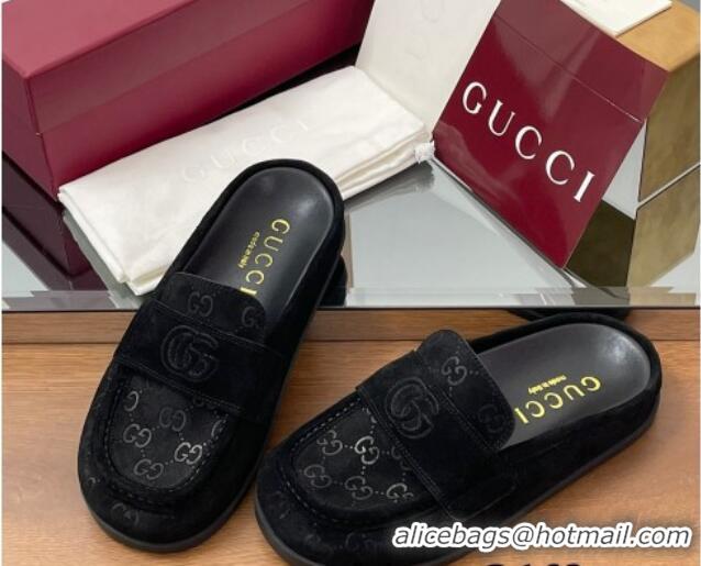 Durable Gucci GG Suede Flat Mules with Double G Black 817468