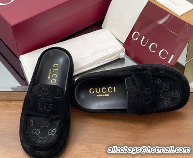 Durable Gucci GG Suede Flat Mules with Double G Black 817468