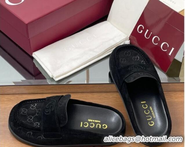 Durable Gucci GG Suede Flat Mules with Double G Black 817468