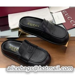 Unique Style Gucci GG Leather Flat Mules with Double G Black 817468
