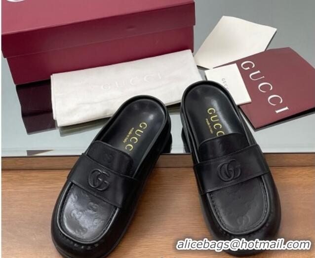 Unique Style Gucci GG Leather Flat Mules with Double G Black 817468