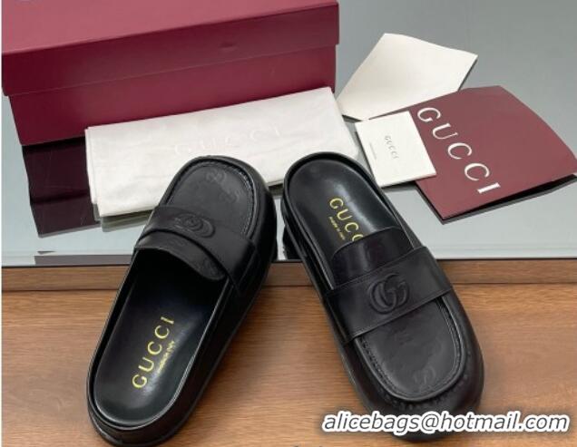 Unique Style Gucci GG Leather Flat Mules with Double G Black 817468