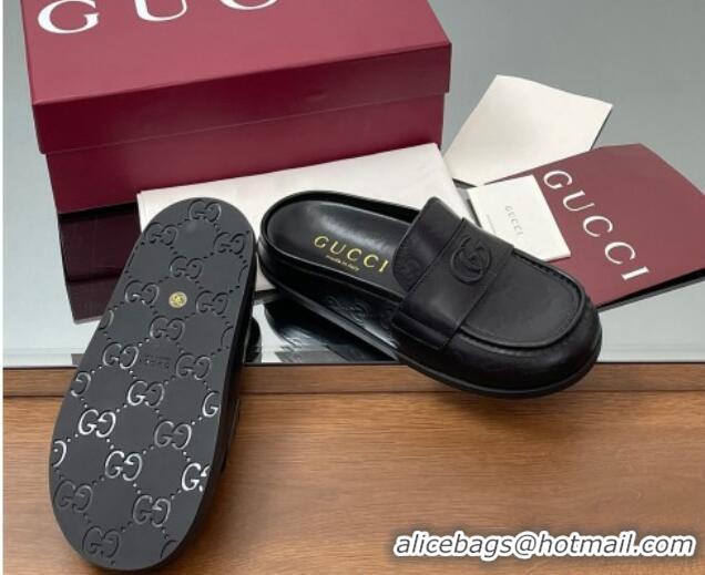 Unique Style Gucci GG Leather Flat Mules with Double G Black 817468