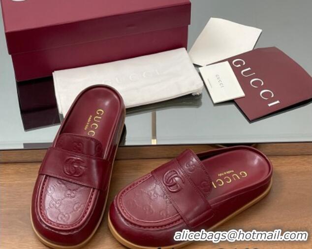 Good Looking Gucci GG Leather Flat Mules with Double G Burgundy 817468