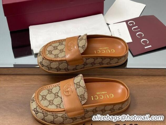 Best Price Gucci GG Canvas Flat Mules with Double G Beige 817468