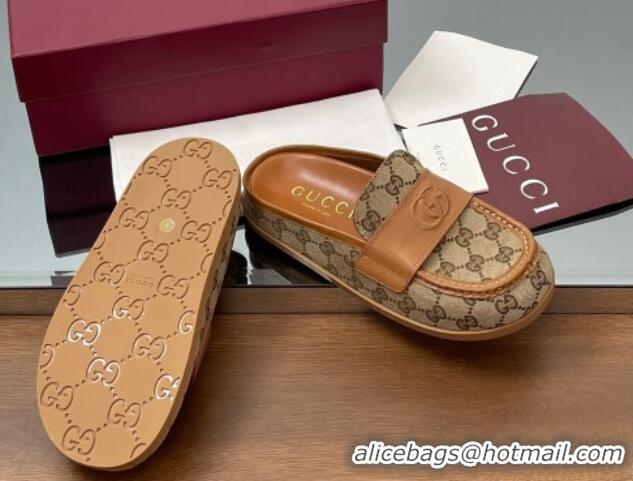 Best Price Gucci GG Canvas Flat Mules with Double G Beige 817468