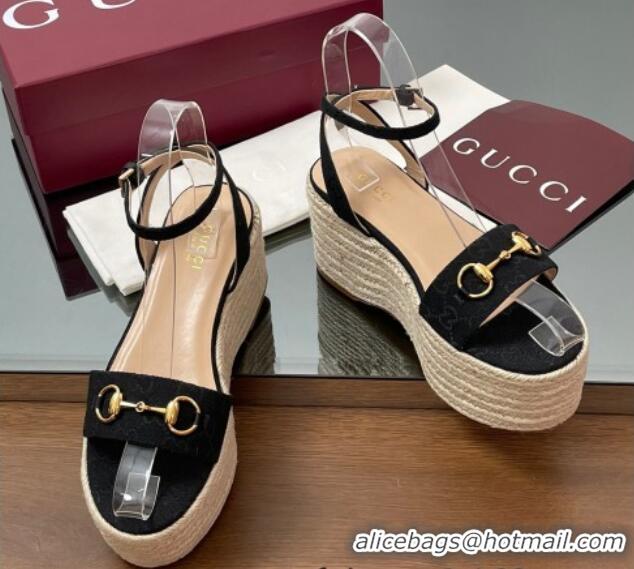 Popular Style Gucci GG Canvas Platform Espadrille Sandals 8cm with Horsebit Black 816692