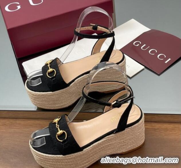 Popular Style Gucci GG Canvas Platform Espadrille Sandals 8cm with Horsebit Black 816692
